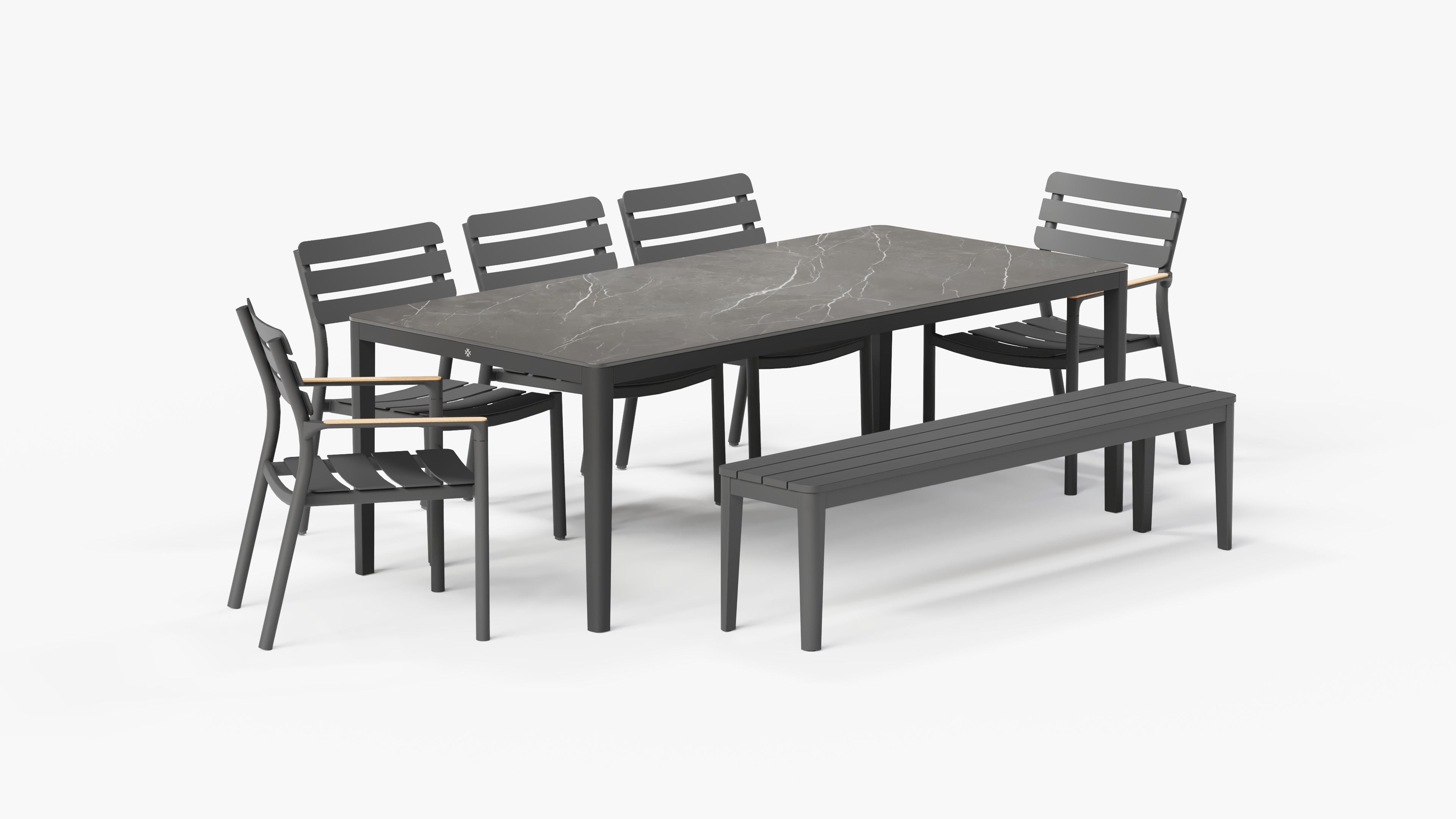OuterStone Outdoor Dining Table + 2 595 Armchairs + 3 595 Armless Chairs + Aluminum Dining Bench