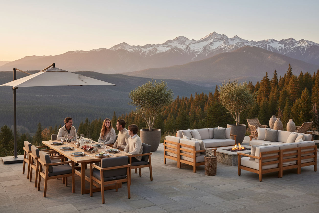 Family enjoying premium outdoor dining set in natural setting