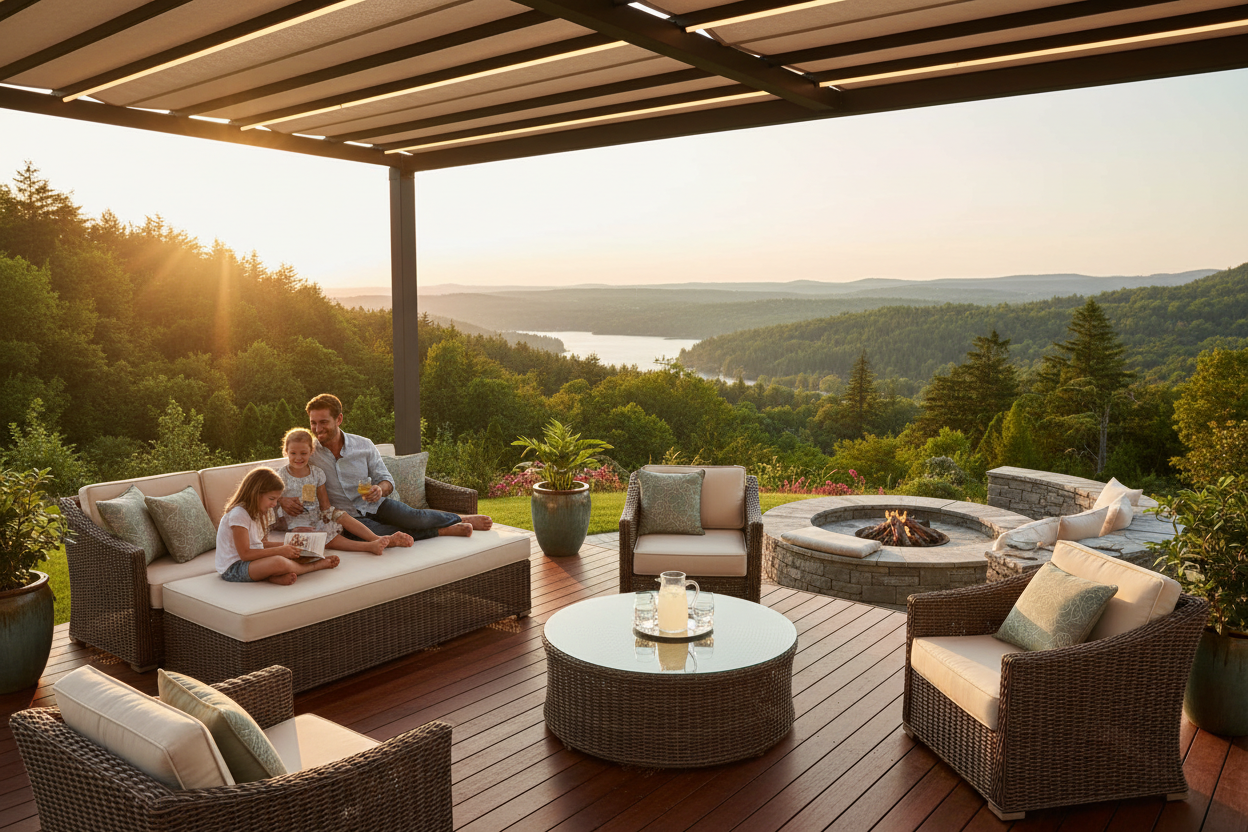 Family relaxing with high-end patio furniture outdoors