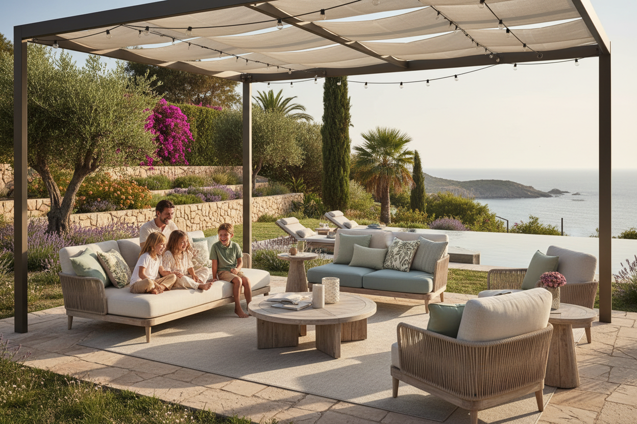 Family with designer daybed in scenic outdoor setting