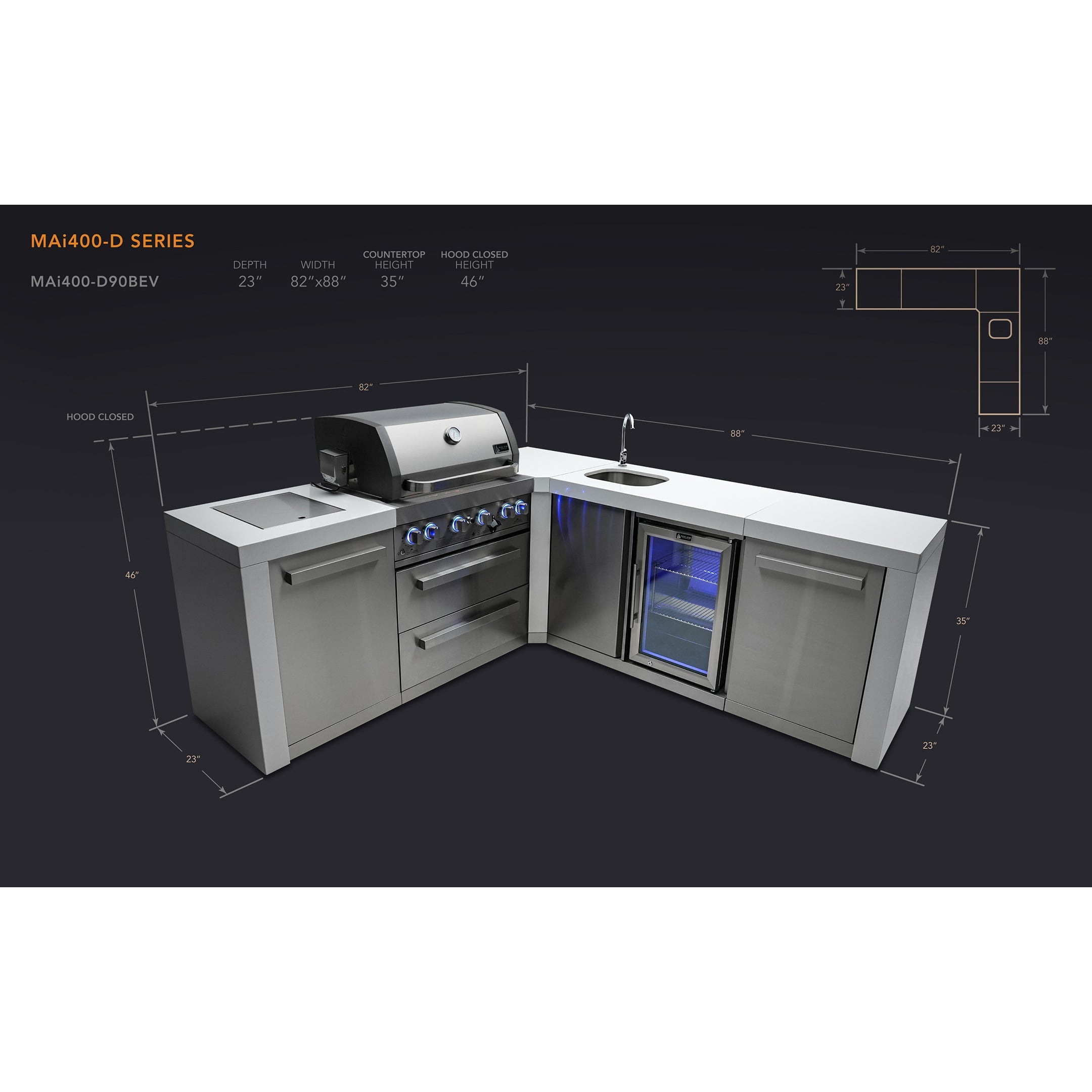 Mont Alpi 400 Deluxe BBQ Grill Island with L-Shape & Beverage Center - MAi400-D90BEV