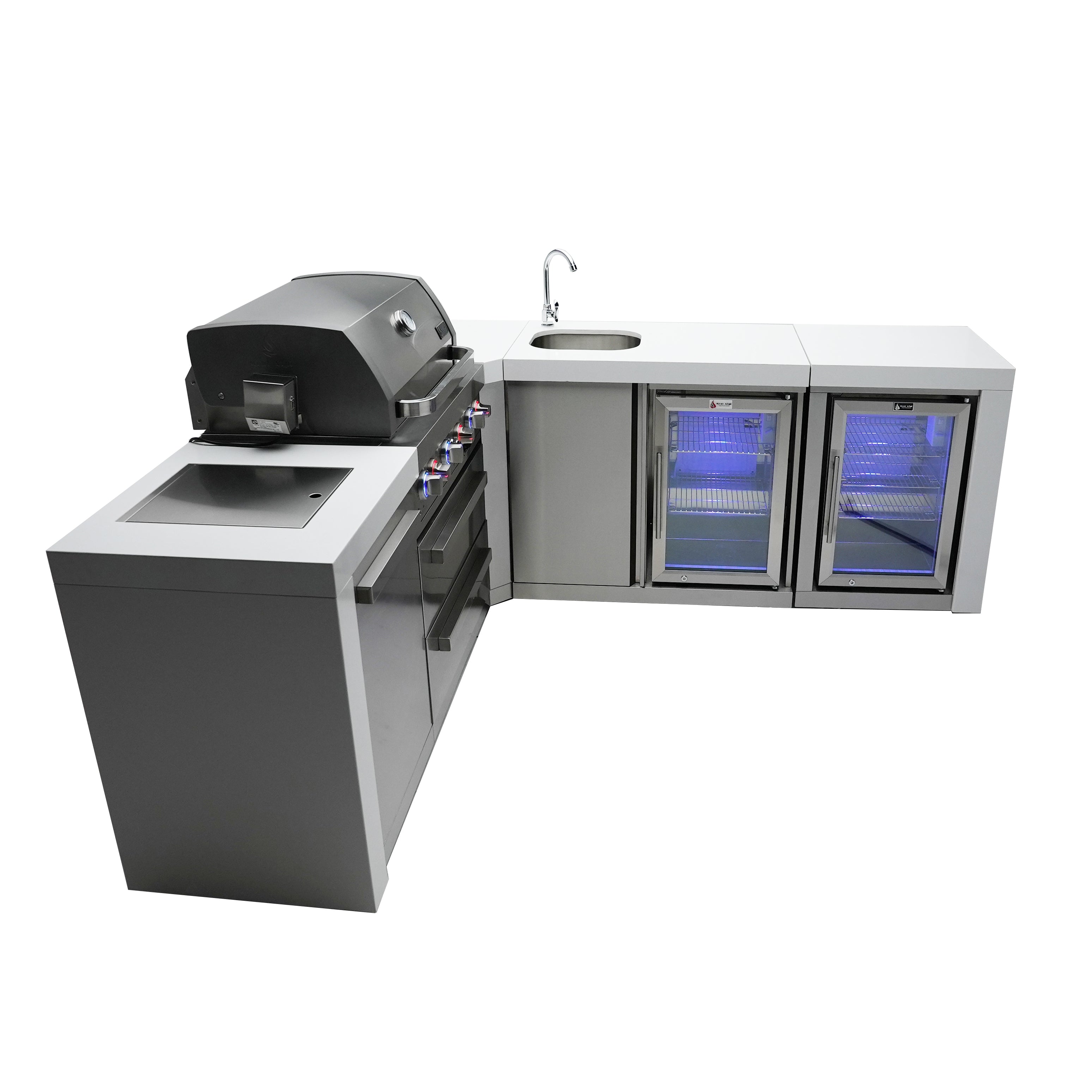 Mont Alpi 400 Deluxe BBQ Grill Island with L-Shape, Beverage Center & Fridge - MAi400-D90BEVFC