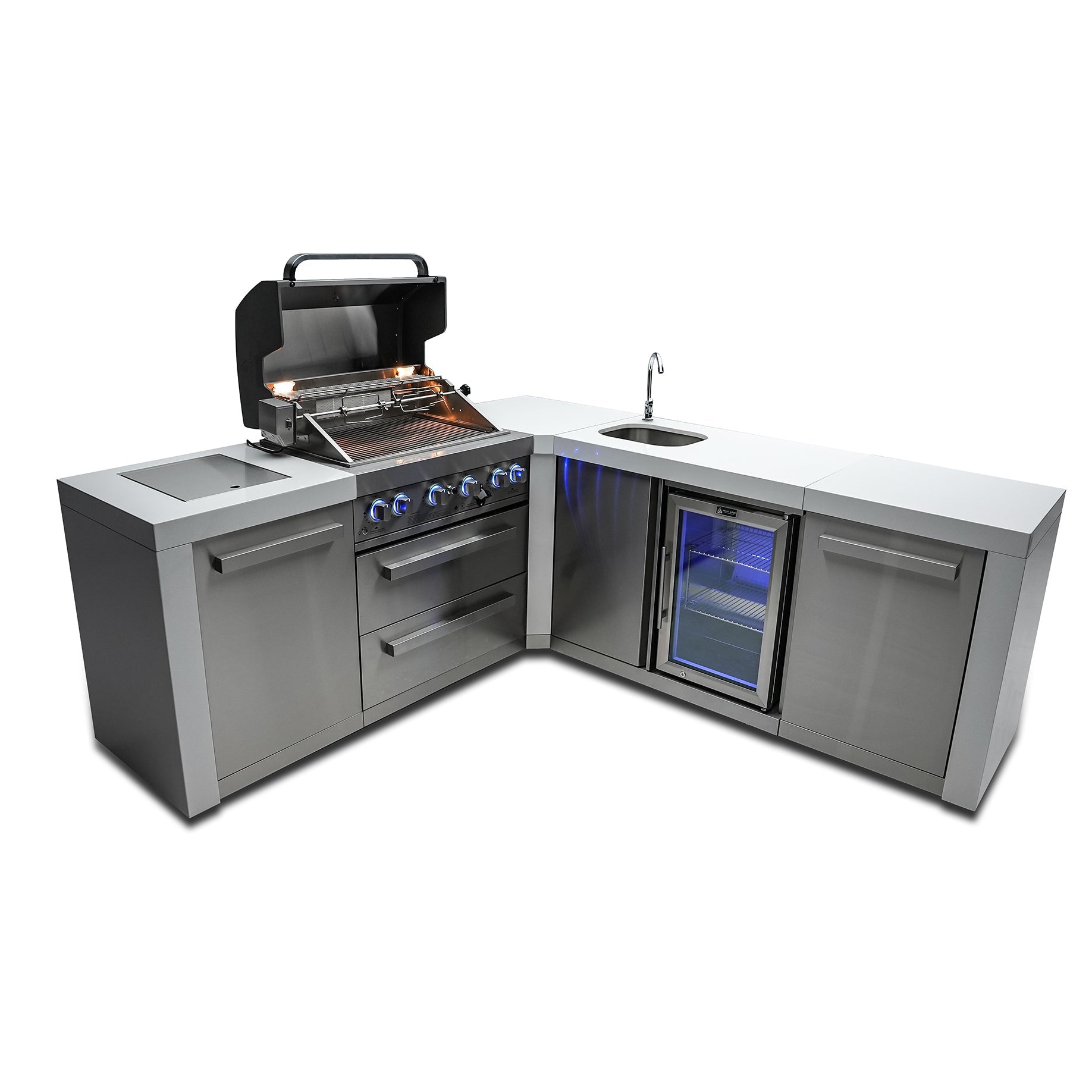 Mont Alpi 400 Deluxe BBQ Grill Island with L-Shape & Beverage Center - MAi400-D90BEV