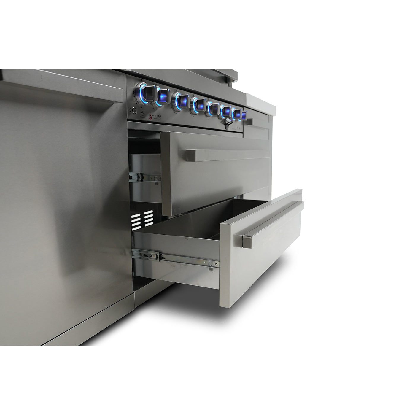 Mont Alpi 400 Deluxe BBQ Grill Island with L-Shape, Beverage Center & Fridge - MAi400-D90BEVFC