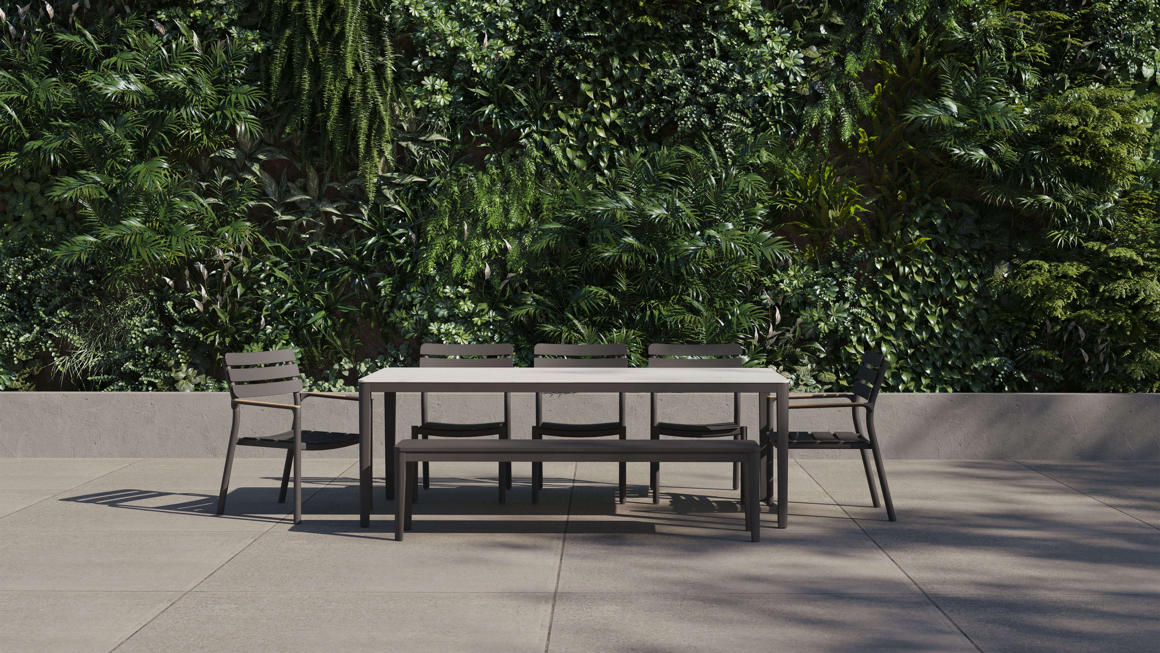 OuterStone Outdoor Dining Table + 2 595 Armchairs + 3 595 Armless Chairs + Aluminum Dining Bench