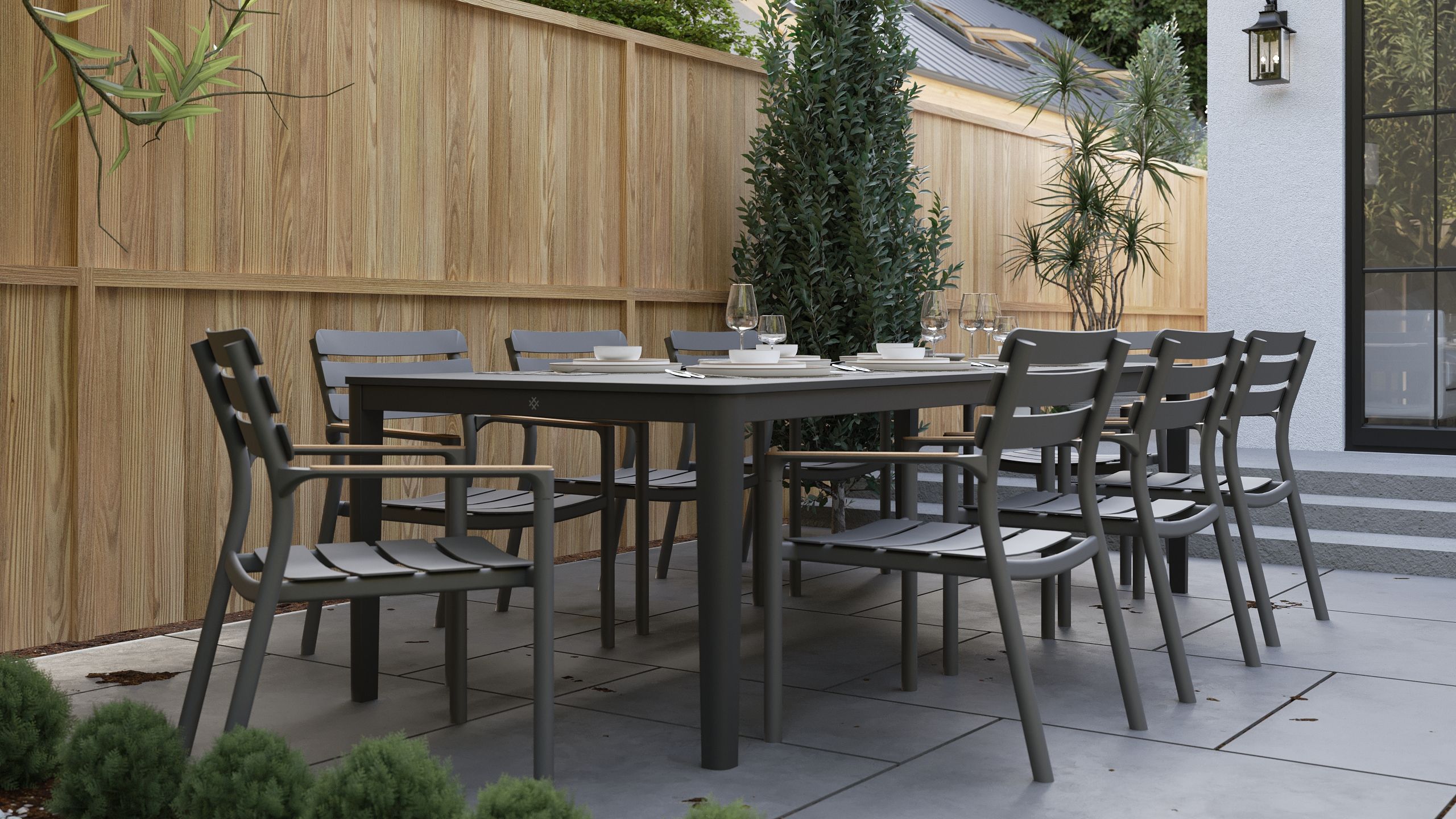 OuterStone Outdoor Dining Table + 8 595 Dining Armless Chairs