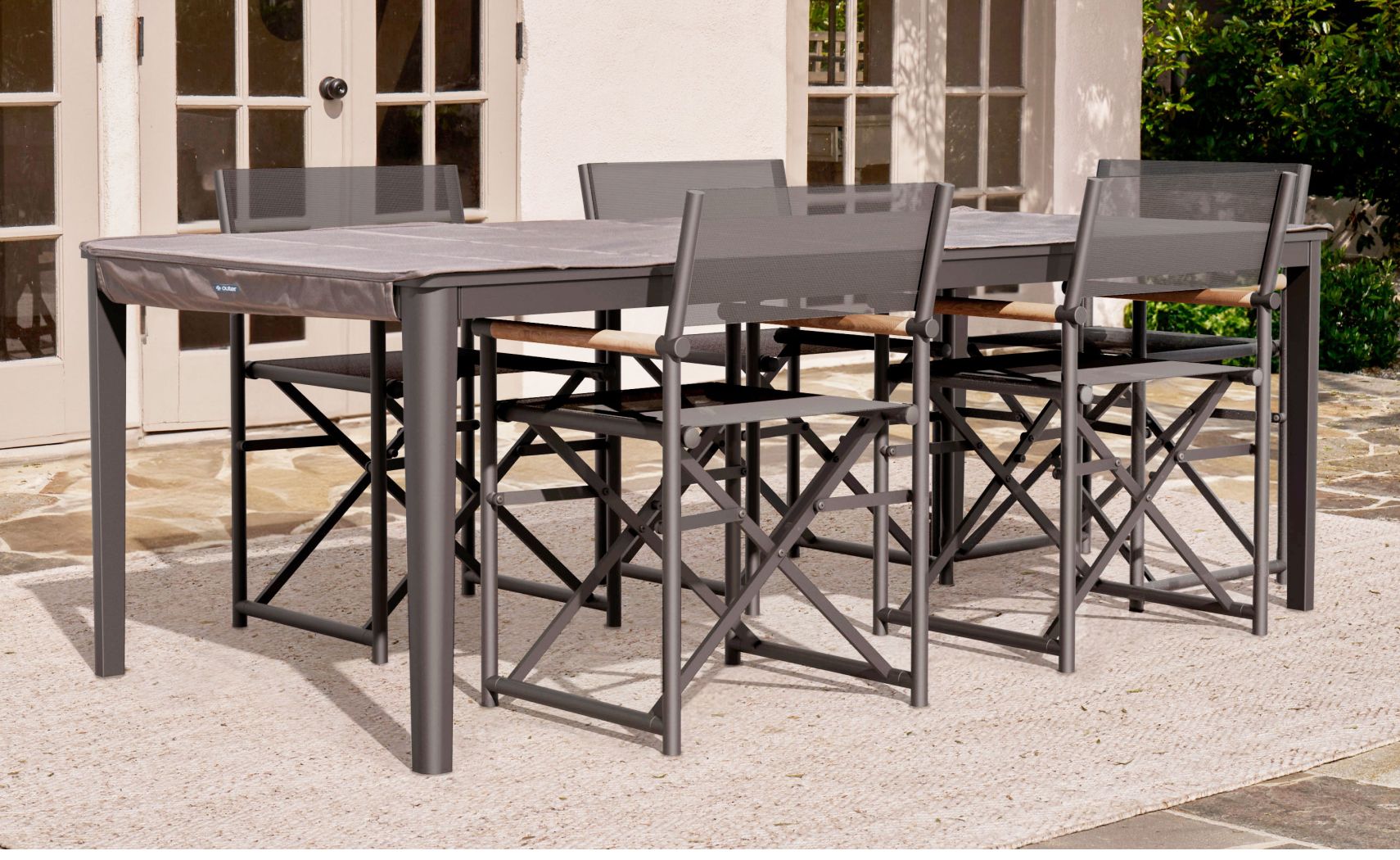 Aluminum Outdoor Rectangular Dining Table + 5 Aluminum Director's Chairs + Aluminum Dining Bench