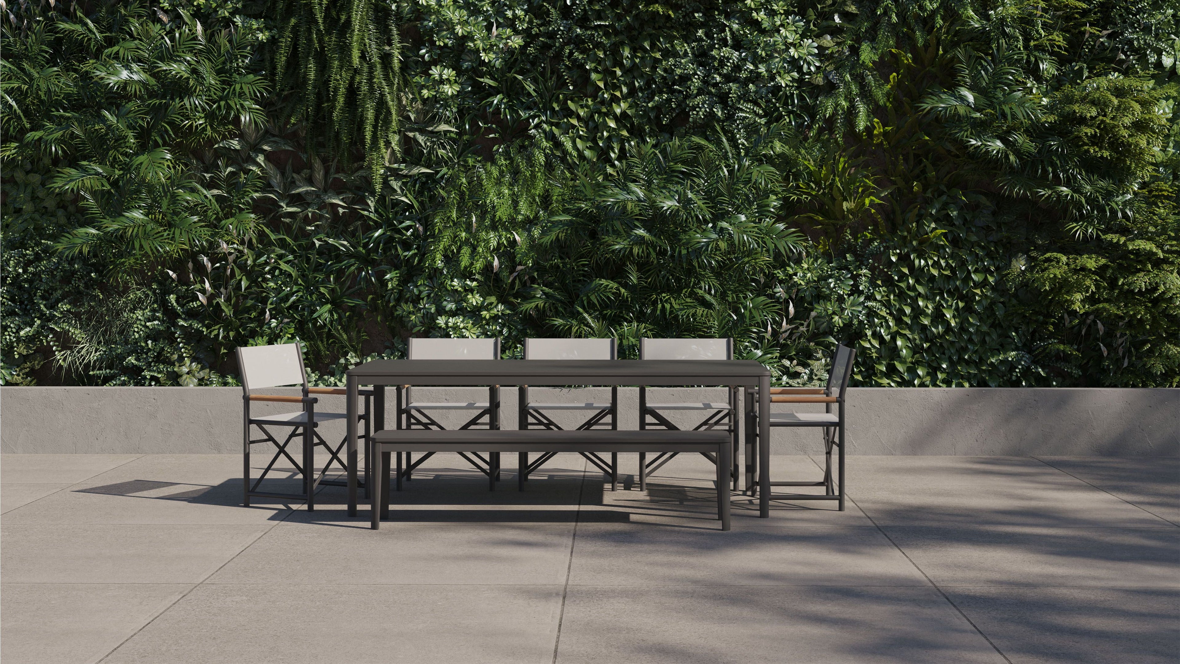 Aluminum Outdoor Rectangular Dining Table + 5 Aluminum Director's Chairs + Aluminum Dining Bench